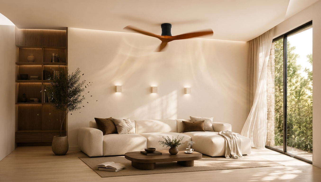 Ventilateur de plafond Vento 132 cm en chêne foncé, profil bas, dans une chambre